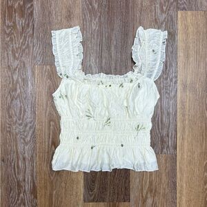 Cream Smocked Floral Ruffle Strap Crop Top